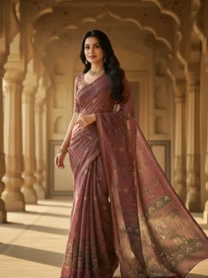 Premium Linen Cotton Vine Color Saree with Royal Heritage Border Print | Elegant Festive & Wedding Wear Designer Saree for Women