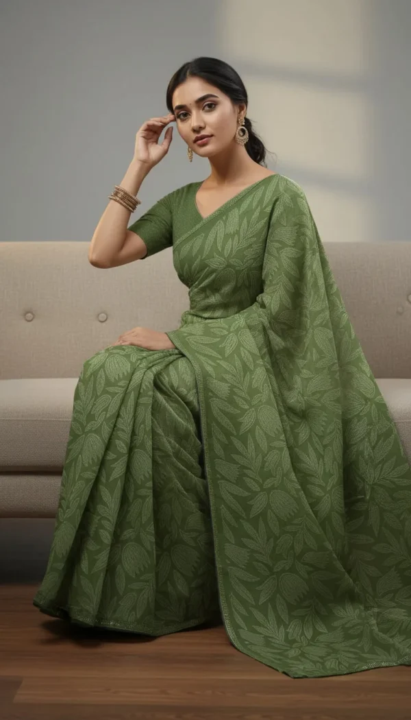 Premium Green Synthetic Saree with Swarovski Border | Party Wear Designer Saree for Wedding & Festive Collection
