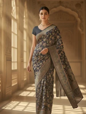 Premium Brasso Navy Blue Saree for Women | Party Wear Designer Transparent Brasso Saree with Elegant Shine | Wedding & Festive Special Collection