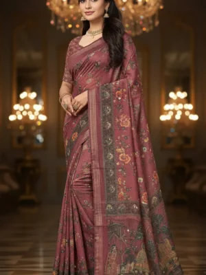 Premium Linen Cotton Vine Color Saree with Royal Heritage Border Print | Elegant Festive & Wedding Wear Designer Saree for Women
